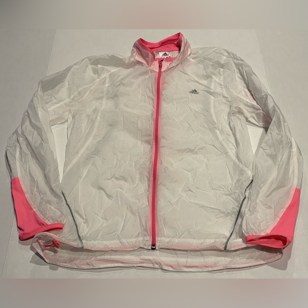 Adidas Long Sleeve Zip Front White/Pink Sheer Lightweight Running Jacket Size M